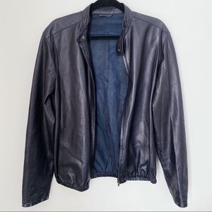 Gucci Tom Ford Collarless Moto Zip Navy Blue Lightweight Leather Shirt Jacket